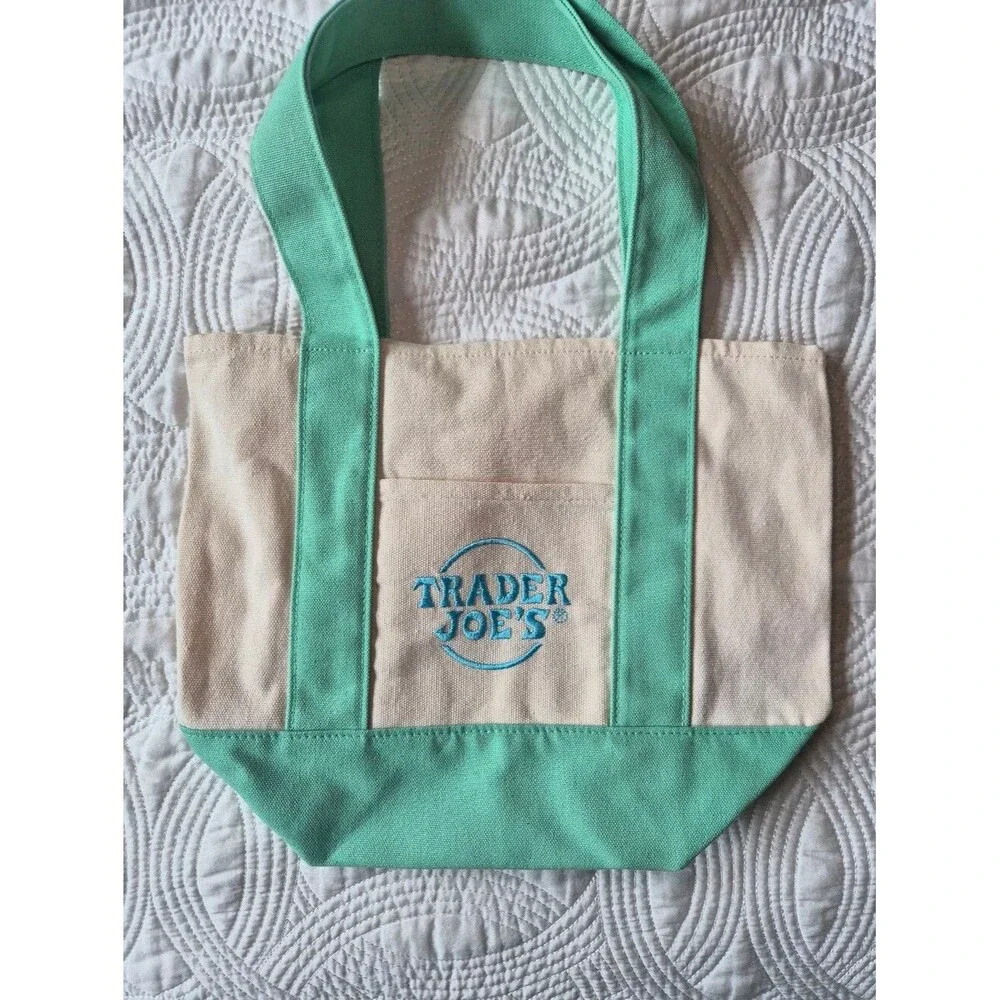 EUC Trader Joe's Canvas Mini Tote Bag Mint Green Pastel Pink Bundle